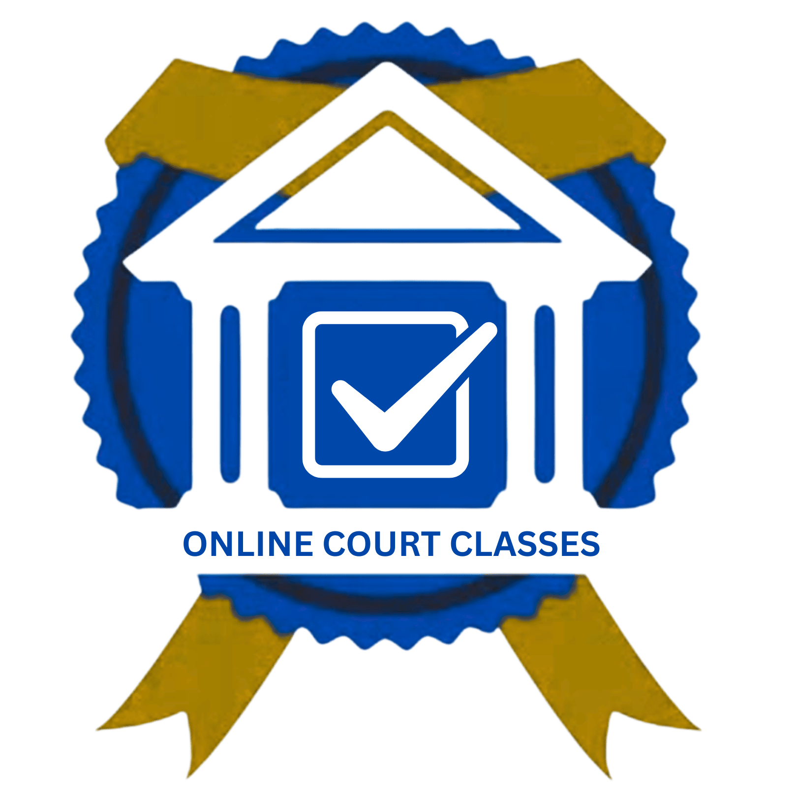 Logo of Online Court Classes featuring a courthouse icon with gavel inside a blue and gold ribbon seal.